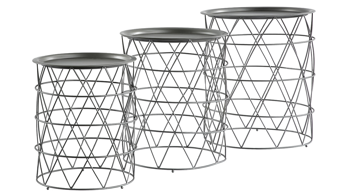 Tables basses gigognes avec plateaux amovibles en acier gris (lot de 3) TREKEN