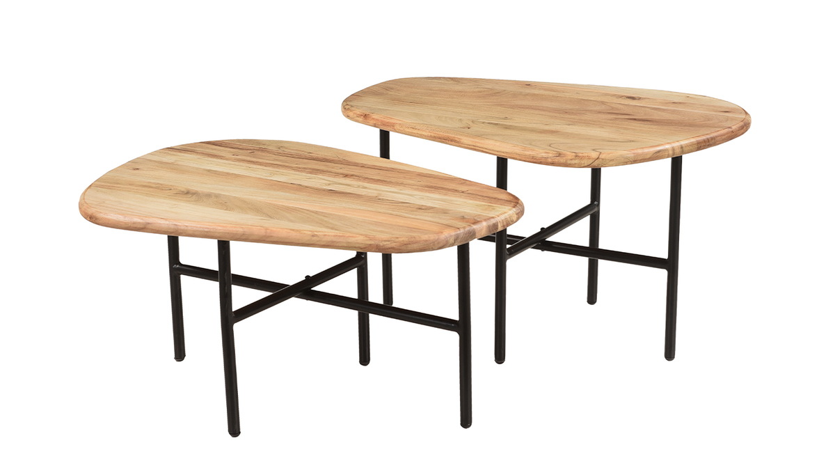 Tables basses gigognes bois clair massif et métal noir (lot de 2) SUZANE