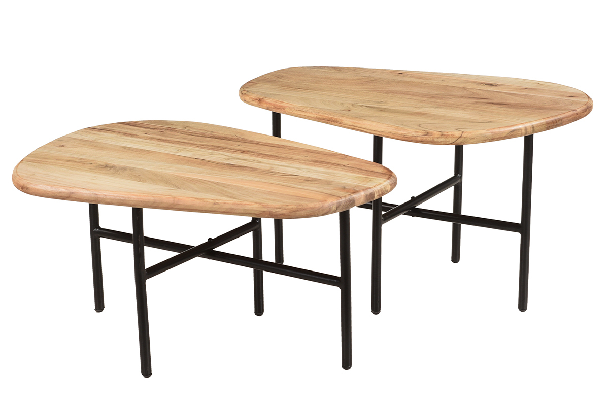 Tables basses gigognes bois clair massif et m�tal noir (lot de 2) SUZANE