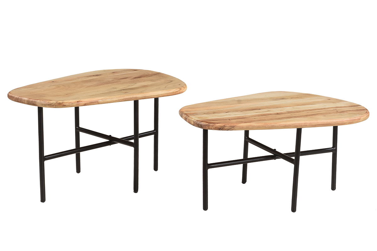 Tables basses gigognes bois clair massif et m�tal noir (lot de 2) SUZANE