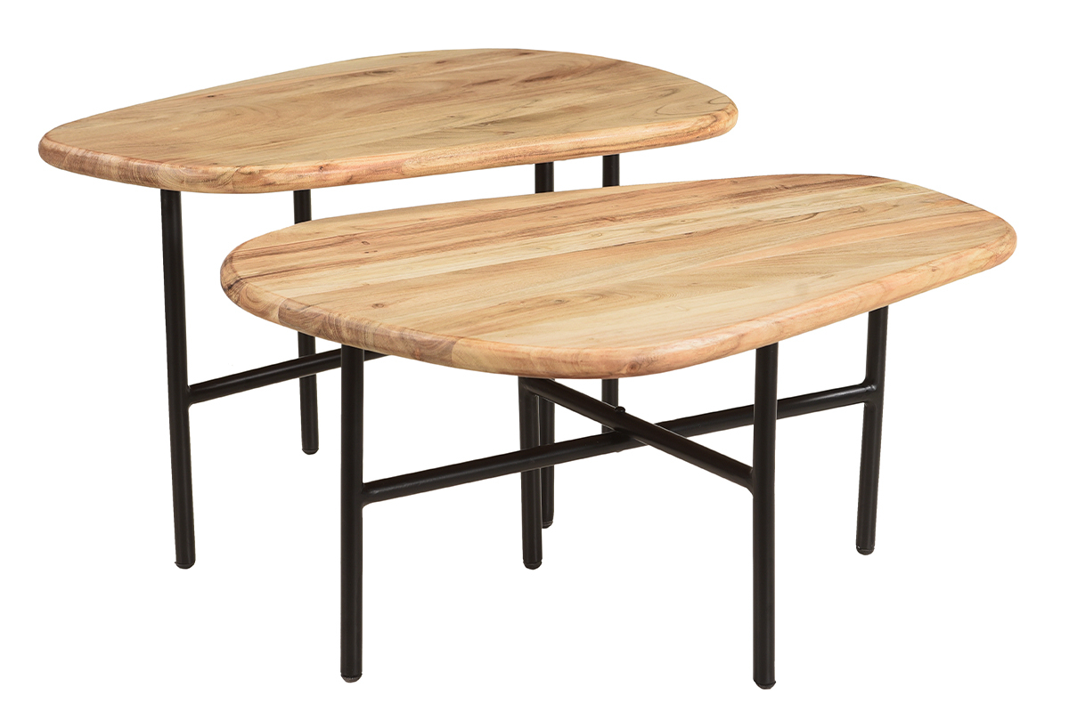 Tables basses gigognes bois clair massif et m�tal noir (lot de 2) SUZANE