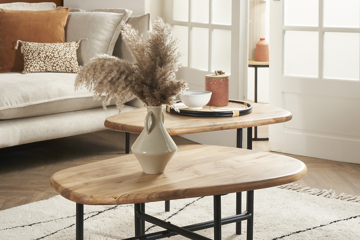 Tables basses gigognes bois clair massif et m�tal noir (lot de 2) SUZANE