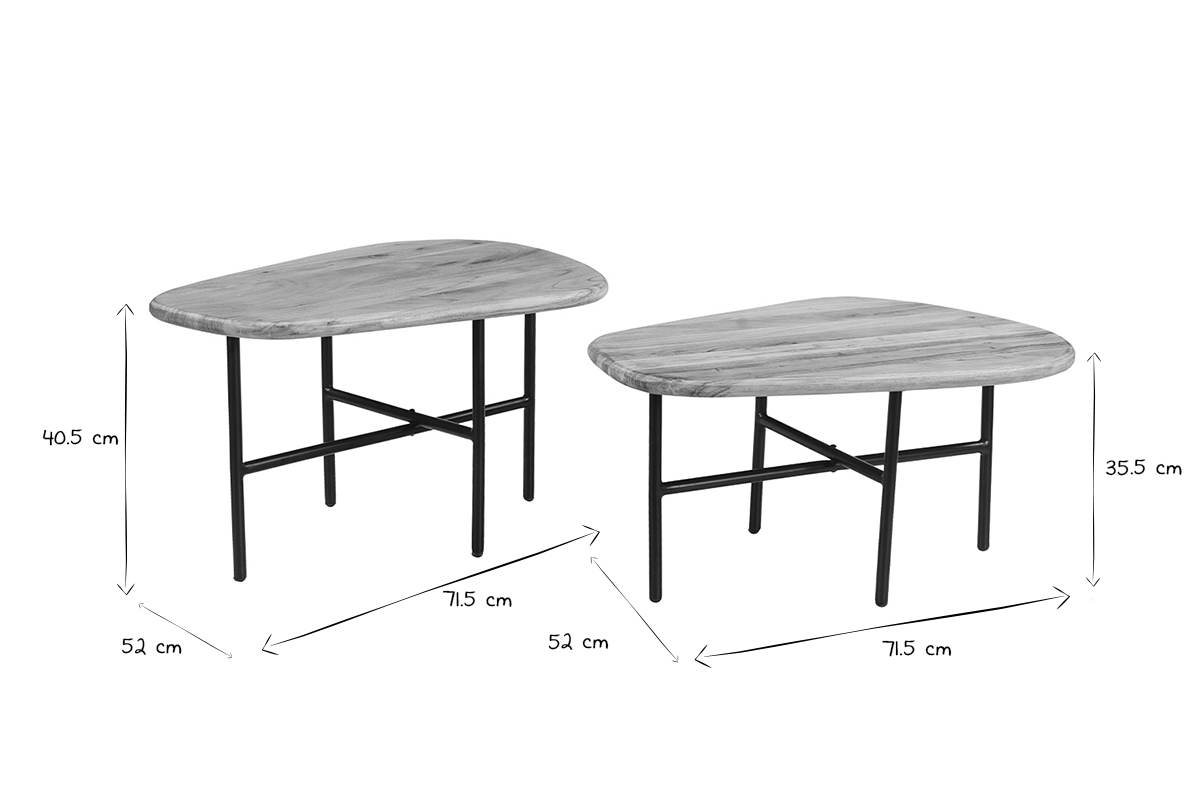 Tables basses gigognes bois clair massif et m�tal noir (lot de 2) SUZANE