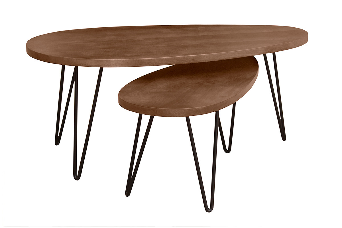 Tables basses gigognes ovales en bois fonc� avec pi�tement m�tal noir, vue de face