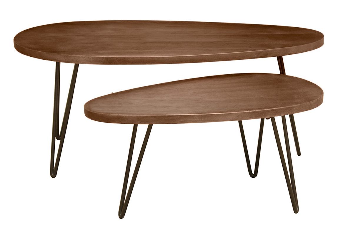 Lot de 2 tables basses gigognes ovales en bois fonc� et m�tal noir, vue de face.