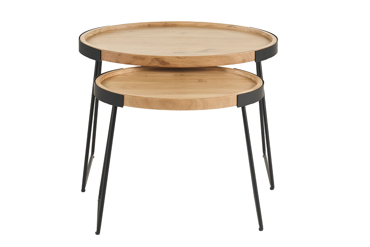 Lot de 2 tables basses en bois massif avec pieds en m�tal noir, vue de face.