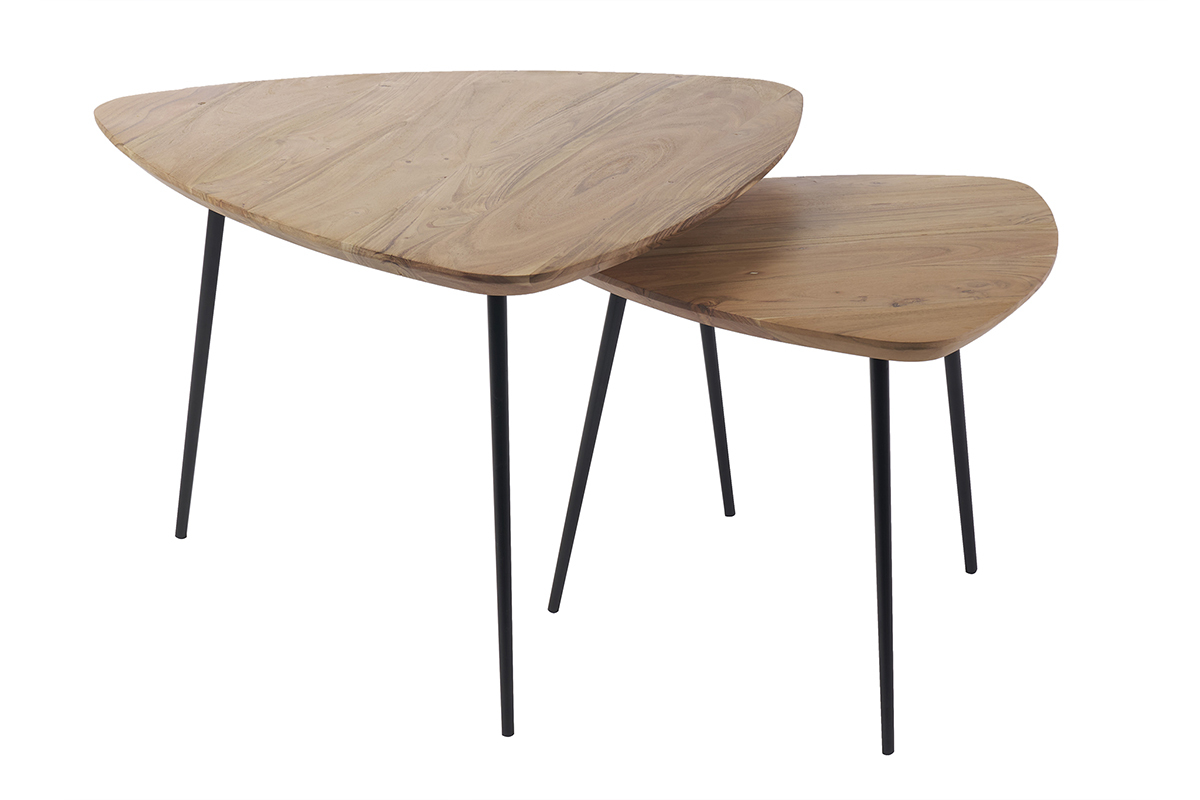 Tables basses gigognes bois massif et mtal noir (lot de 2) STONES