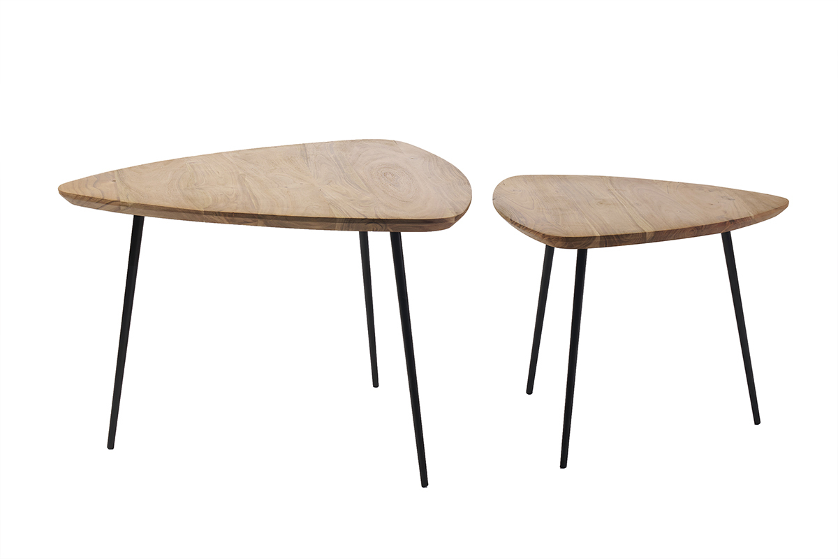 Tables basses gigognes bois massif et mtal noir (lot de 2) STONES
