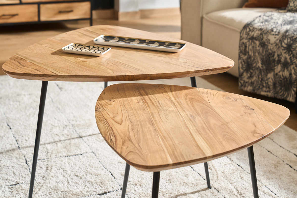 Tables basses gigognes bois massif et mtal noir (lot de 2) STONES