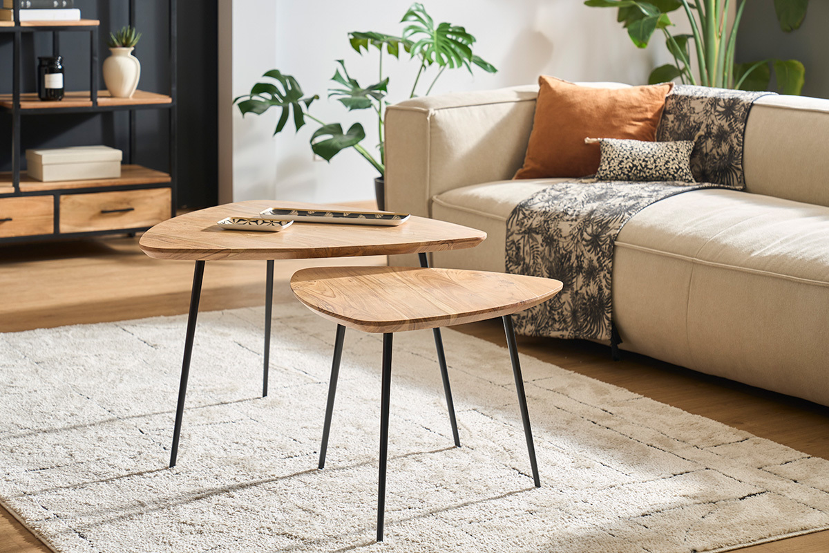 Tables basses gigognes bois massif et mtal noir (lot de 2) STONES