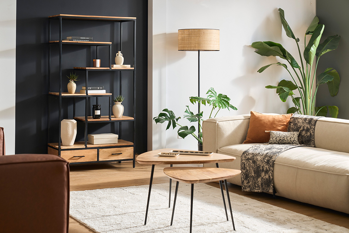 Tables basses gigognes bois massif et mtal noir (lot de 2) STONES