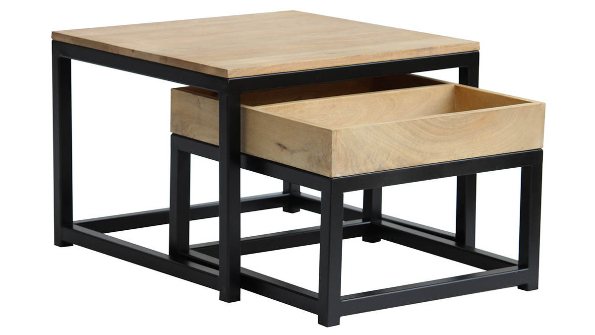 Tables basses gigognes carrées bois clair manguier massif et métal noir (lot de 2) FACTORY