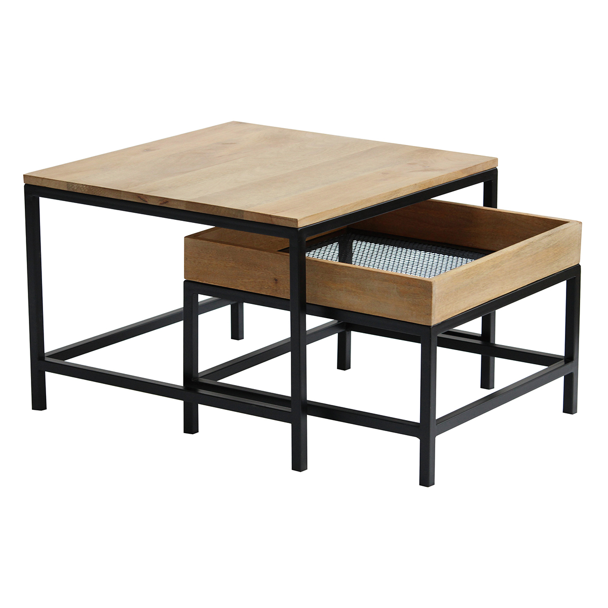 Tables basses gigognes carrées bois clair manguier massif et métal noir (lot de 2) RACK vue1