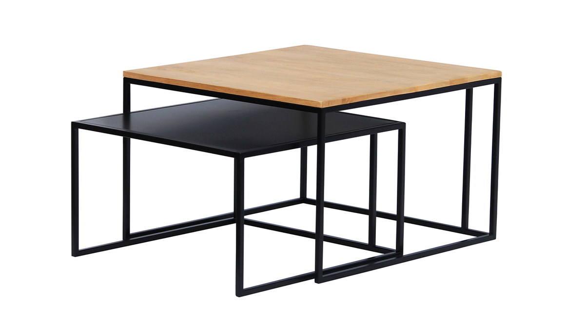 Tables basses gigognes carrées bois clair manguier massif et métal noir (lot de 2) TAHL