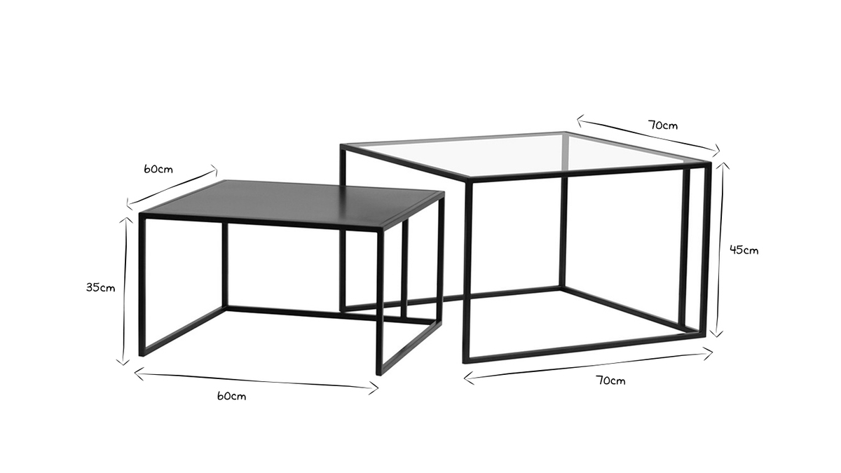 Tables basses gigognes carres design verre tremp et mtal noir (lot de 2) TAHL