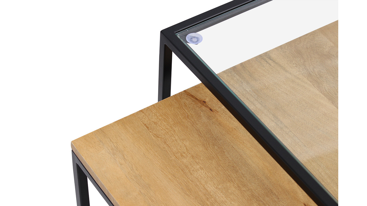 Tables basses gigognes carrées verre trempé, bois clair manguier massif et métal noir (lot de 2) TAHL