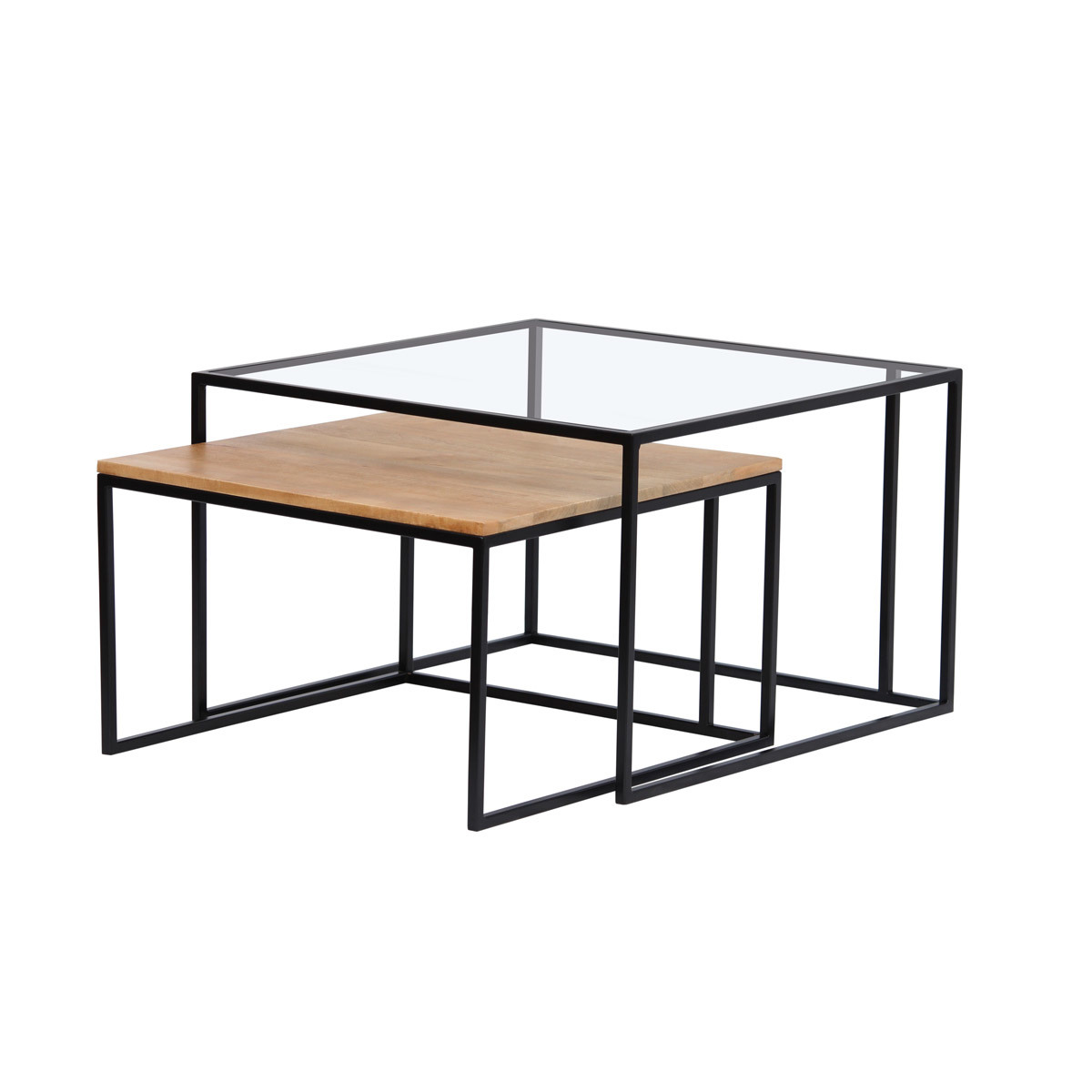 Tables basses gigognes carrées verre trempé, bois clair manguier massif et métal noir (lot de 2) TAHL vue1