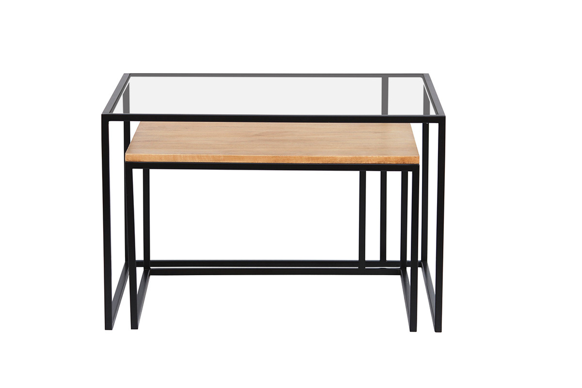 Tables basses gigognes carr�es verre tremp�, bois manguier massif et m�tal noir (lot de 2) TAHL