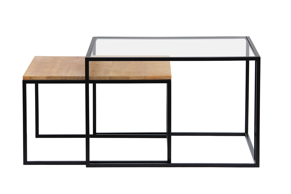 Tables basses gigognes carr�es verre tremp�, bois manguier massif et m�tal noir (lot de 2) TAHL