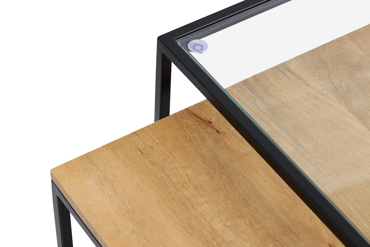Tables basses gigognes carr�es verre tremp�, bois manguier massif et m�tal noir (lot de 2) TAHL