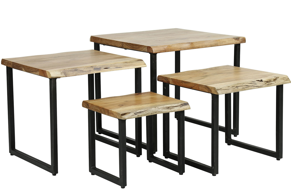 Tables basses gigognes en acacia massif et m�tal vieilli noir (lot de 4) DEVI