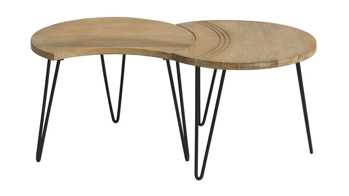 Tables basses gigognes gravées bois manguier massif et métal noir (lot de 3) VIBES