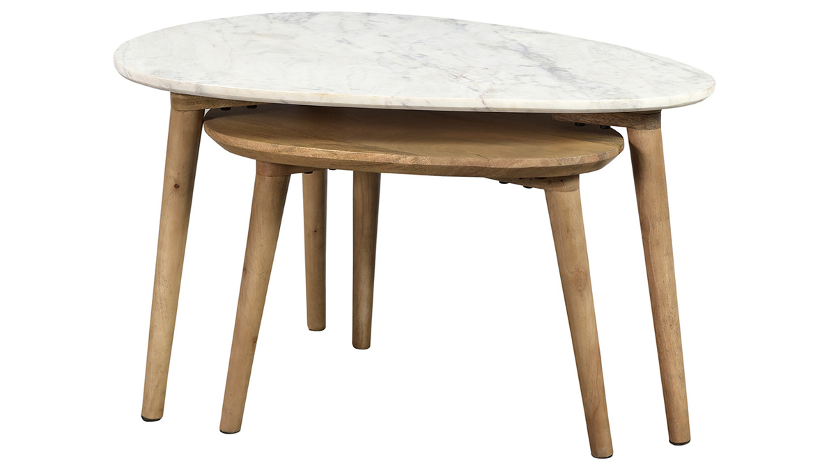 Tables basses gigognes marbre blanc et bois clair manguier massif (lot de 2) EVY