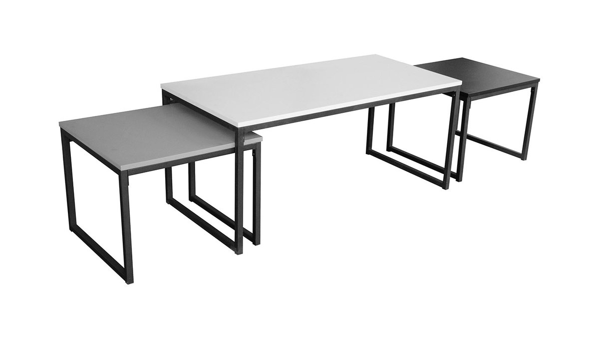 Tables basses gigognes noir gris et blanc laqués mates avec pieds métal (lot de 3) TRIOZ