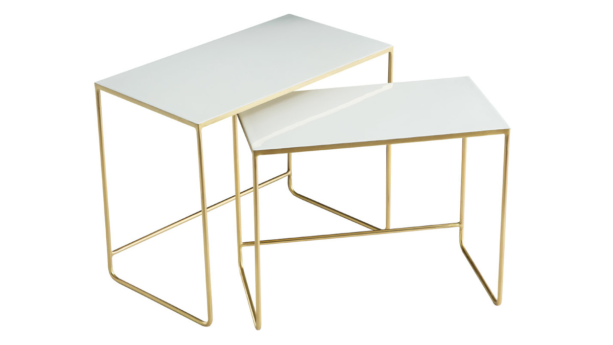 Tables basses gigognes rectangulaires design blanc et mtal dor (lot de 2) WESS