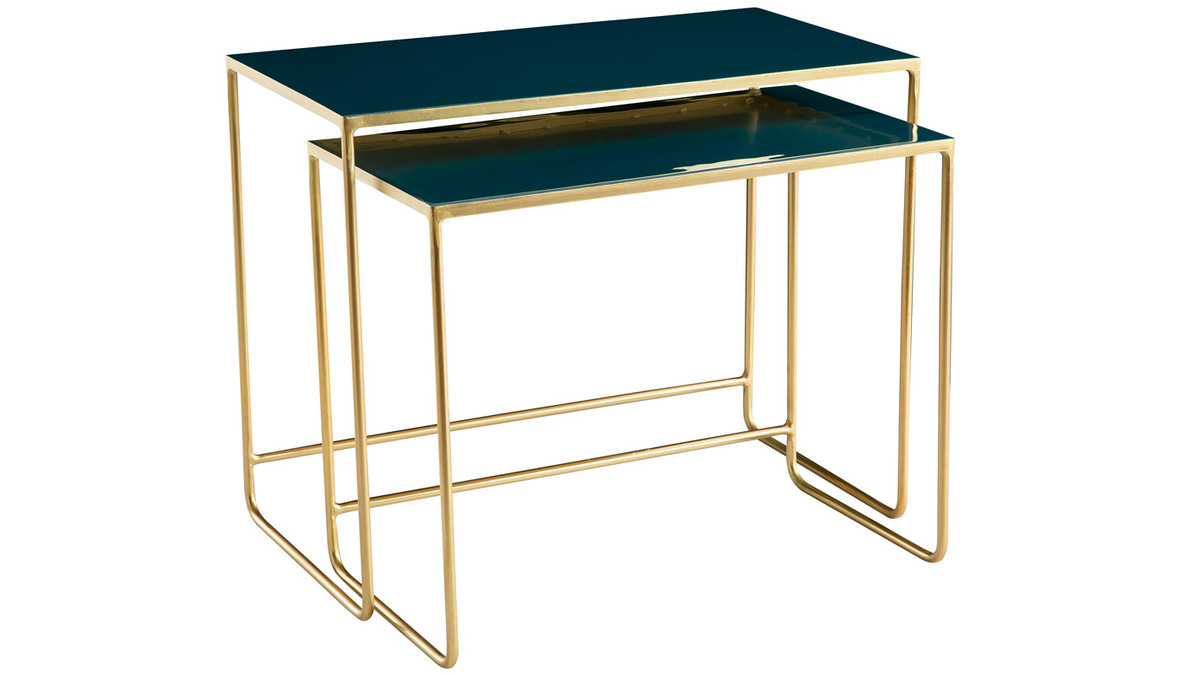 Tables basses gigognes rectangulaires design bleu pétrole et métal doré (lot de 2) WESS