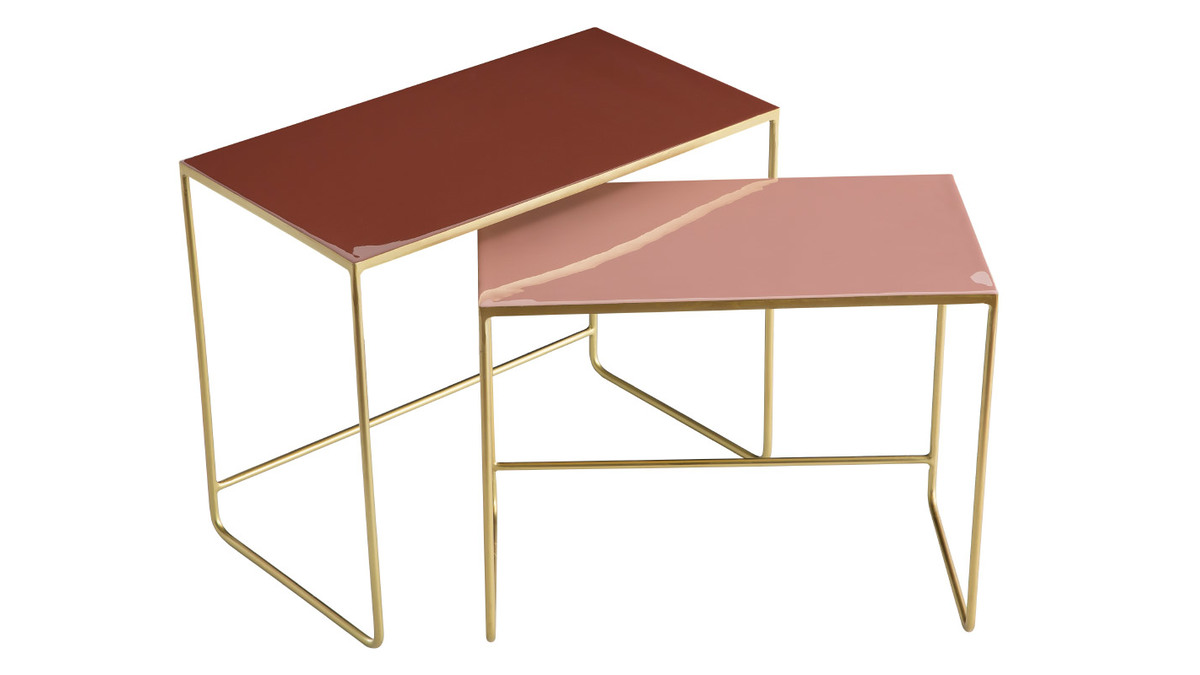 Tables basses gigognes rectangulaires design terracotta, rose et métal doré (lot de 2) WESS
