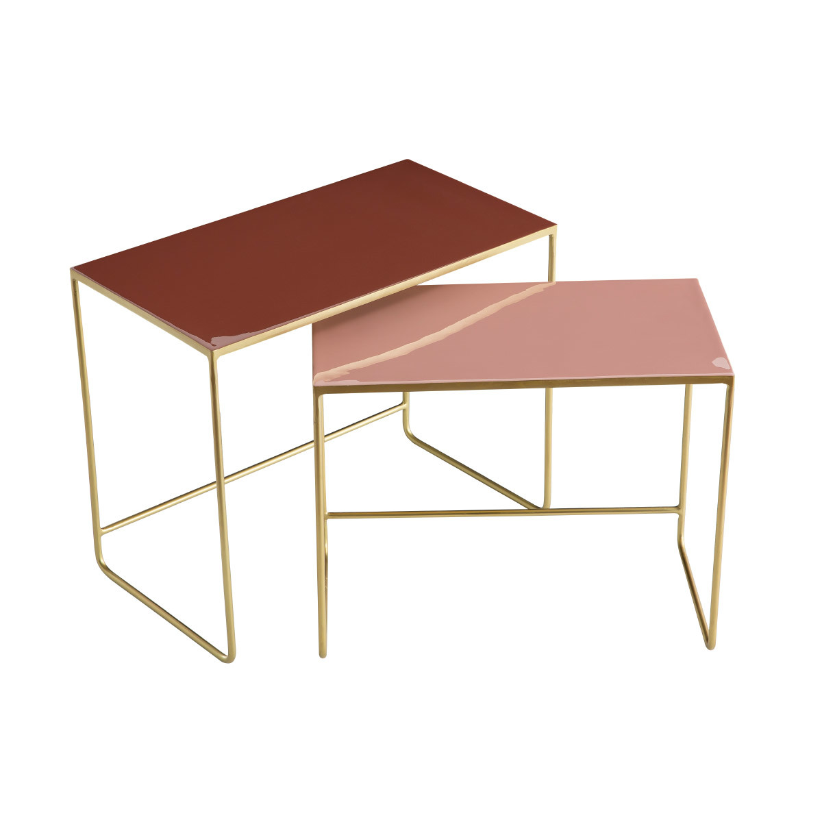Tables basses gigognes rectangulaires design terracotta, rose et métal doré (lot de 2) WESS vue1