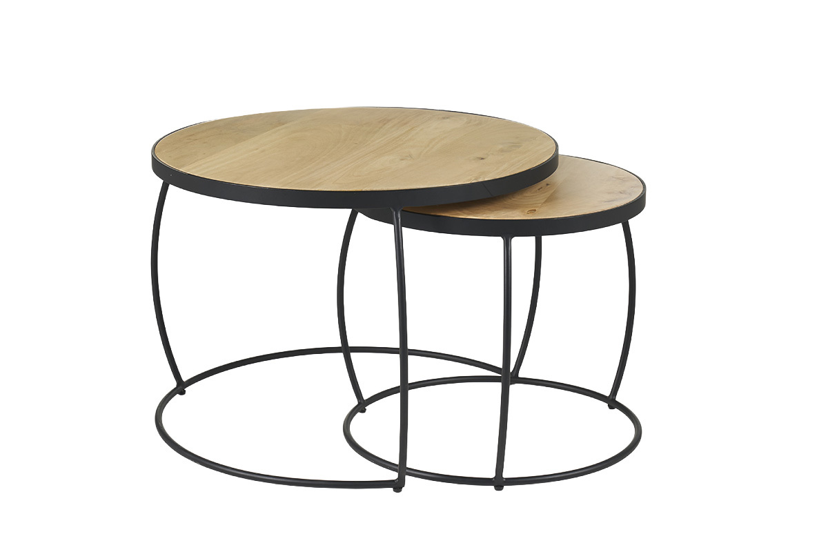 Tables basses gigognes rondes bois manguier et m�tal, vue de face.