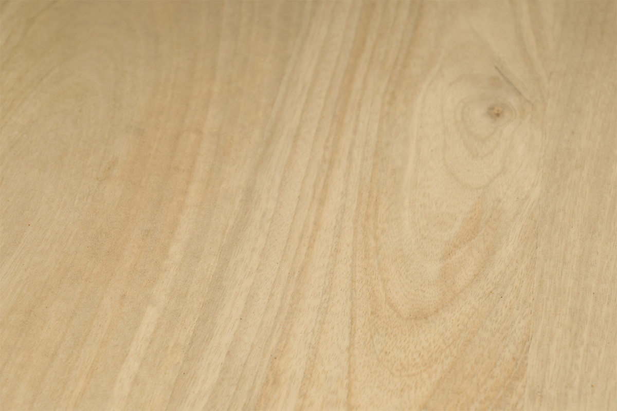 Gros plan sur le plateau en bois de manguier massif d'une table basse.
