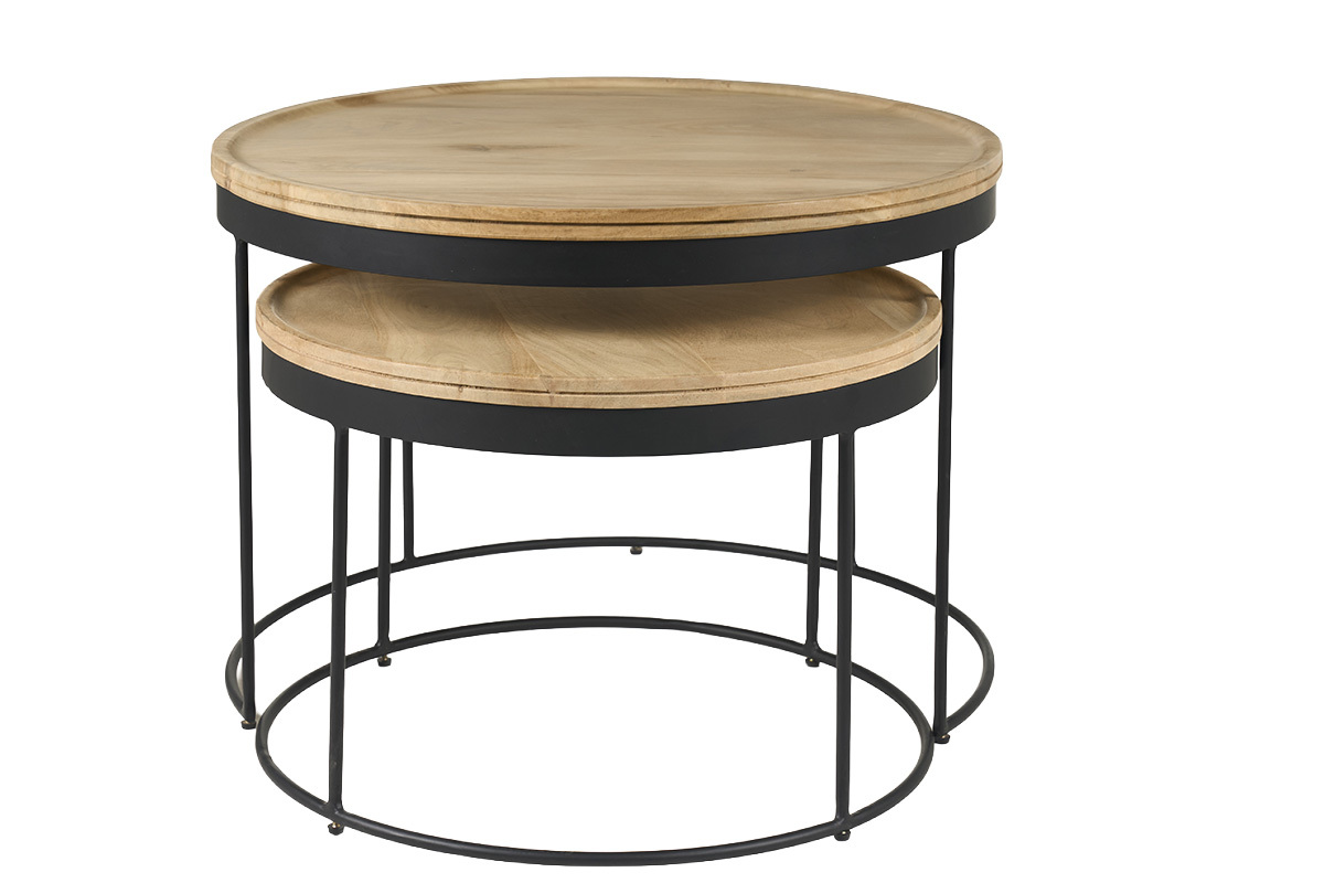 Tables gigognes rondes en bois de manguier et m�tal noir, grand mod�le sur petit, vue de face.