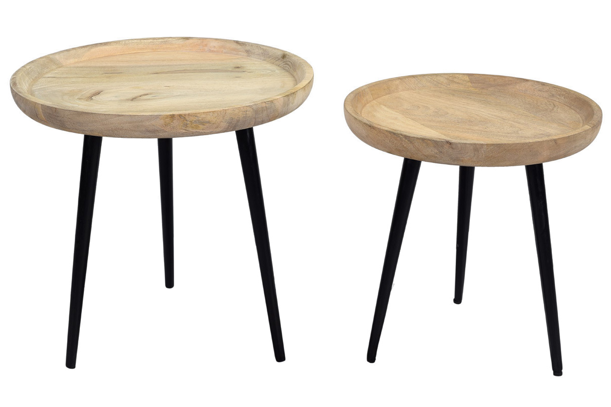 Tables basses gigognes rondes bois manguier massif et mtal noir (lot de 2) PYTA