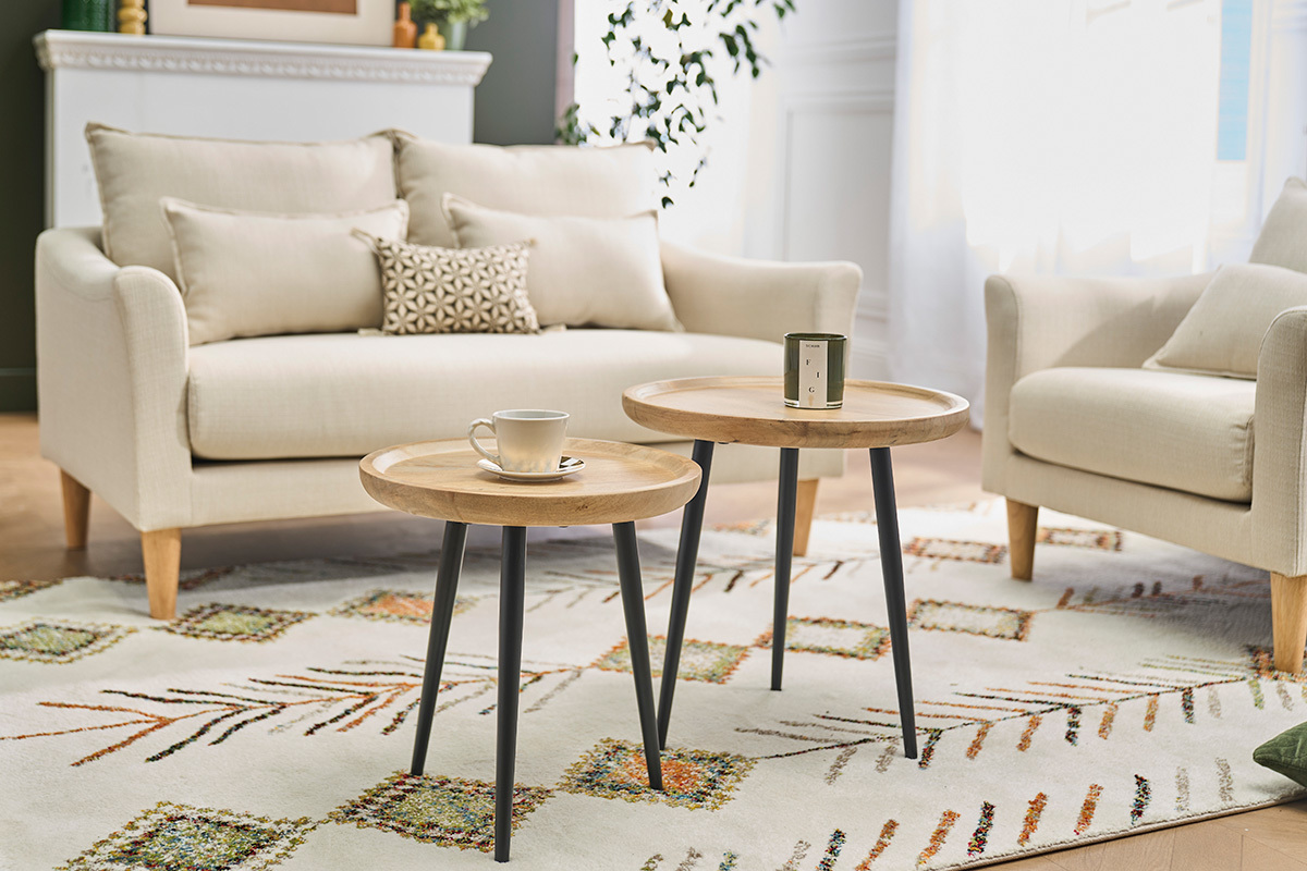 Tables basses gigognes rondes bois manguier massif et m�tal noir (lot de 2) PYTA