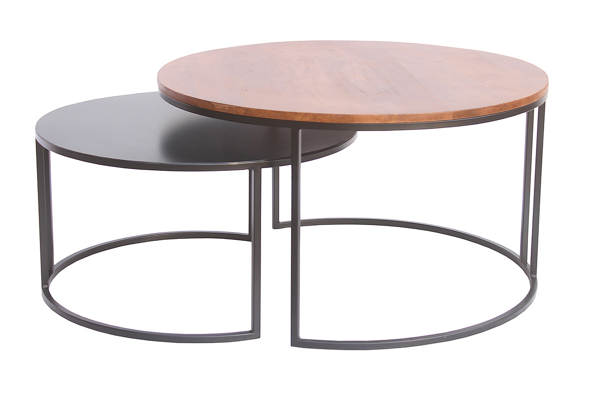 Lot de 2 tables basses gigognes rondes en bois manguier massif teint� et m�tal noir
