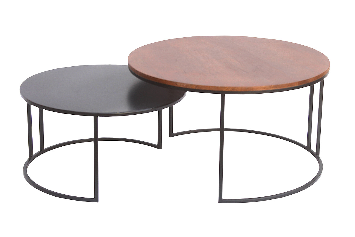 Tables basses gigognes rondes en bois manguier massif et m�tal noir, vue de dessus.