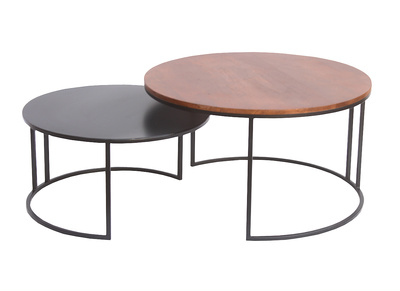 Tables basses gigognes rondes bois manguier massif teint&eacute; et m&eacute;tal noir (lot de 2) TAHL
