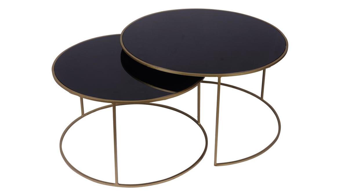 Tables basses gigognes rondes design mtal dor et verre teint noir (lot de 2) ROXO