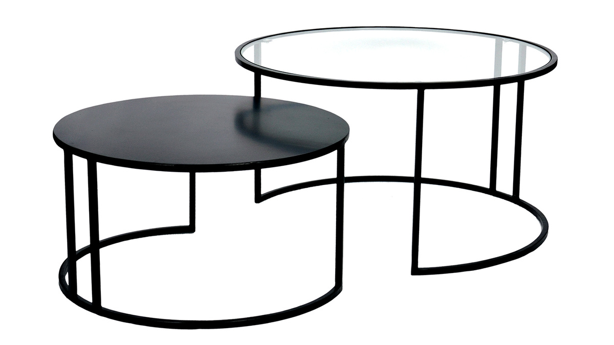 Ginhow Lot De 2 Tables Basses Rondes Verre & Métal Noir – Plateau Verre Trempé, Diamètres 60 Cm & 80 Cm, Design Moderne Scandinave Pour Salon