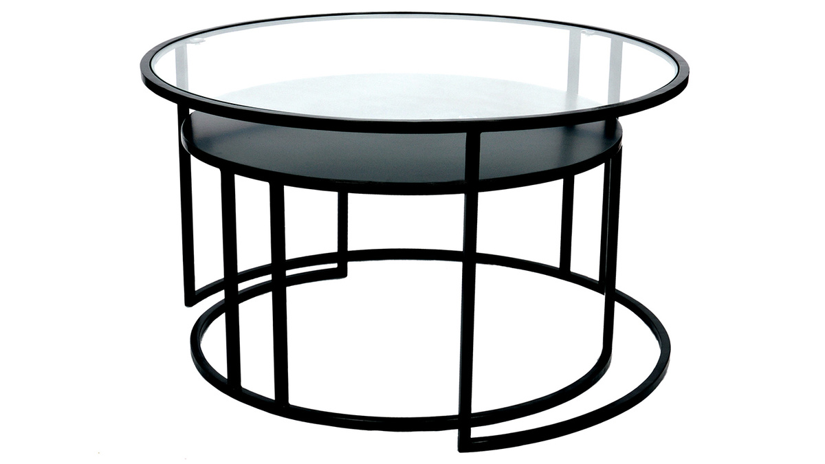 Tables basses gigognes rondes design verre trempé et métal noir TAHL (lot de 2)  - Miliboo & Stéphane Plaza