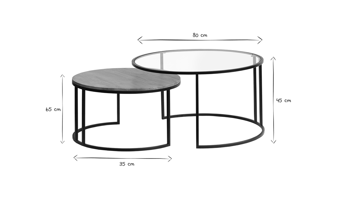 Tables basses gigognes rondes verre trempé, bois manguier massif et métal noir (lot de 2) TAHL