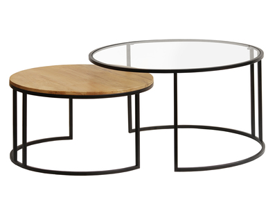 Tables basses gigognes rondes verre trempé, bois manguier massif et métal noir (lot de 2) TAHL