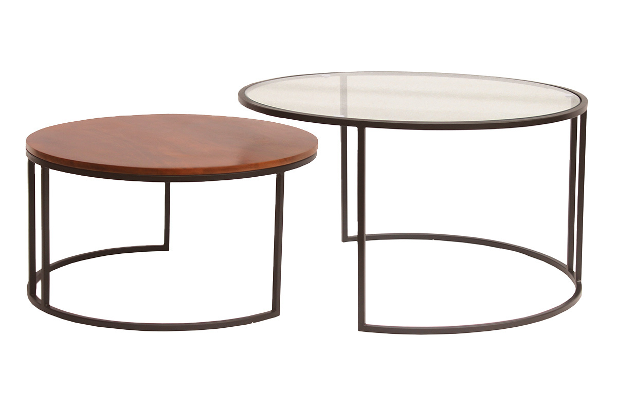 Lot de 2 tables basses gigognes rondes en verre et bois manguier avec pi�tement en m�tal noir