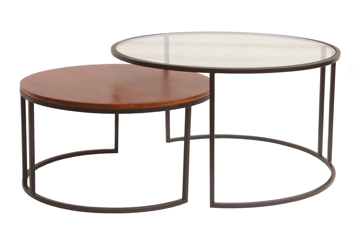 Lot de 2 tables basses gigognes rondes, l'une en verre tremp�, l'autre en bois manguier teint�, support m�tal noir.