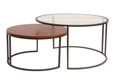 Tables basses gigognes rondes verre tremp&eacute;, bois manguier massif teint&eacute; et m&eacute;tal noir (lot de 2) TAHL