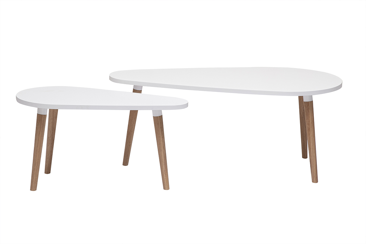 Tables basses gigognes scandinaves blanches et bois clair, lot de deux, vue de face.