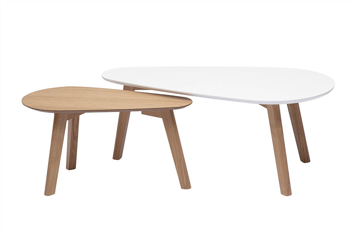 Tables basses gigognes en bois clair ch�ne et blanc, vue de face.